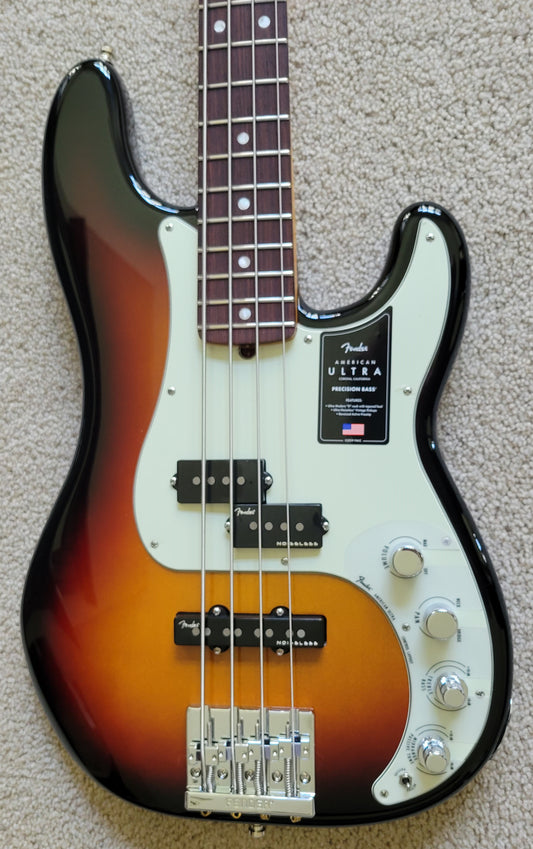 Fender American Ultra Precision Bass Guitar, Ultraburst, Premium Molded Hardshell Case