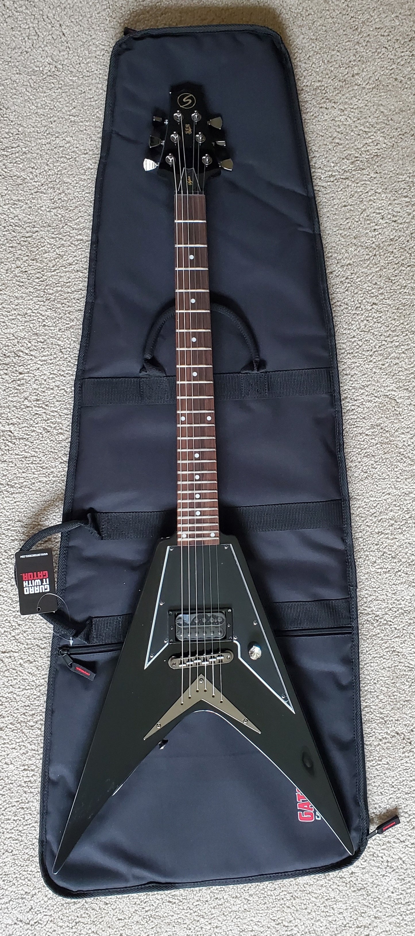 Samick SV10 Flying V Style Electric Guitar, Black Finish, New Gator Extreme Gig Bag