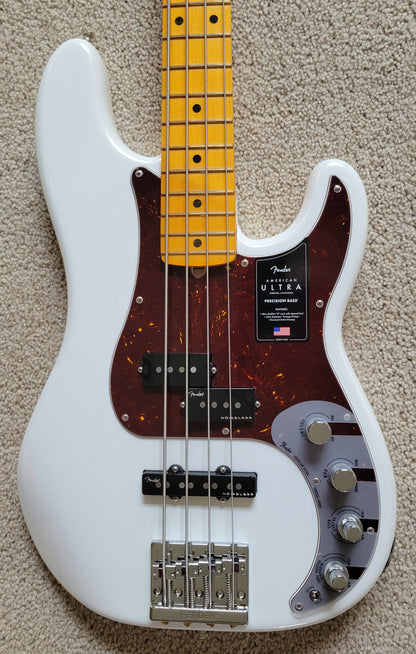 Fender American Ultra Precision Bass Guitar, Arctic Pearl, Premium Molded Hard Shell Case