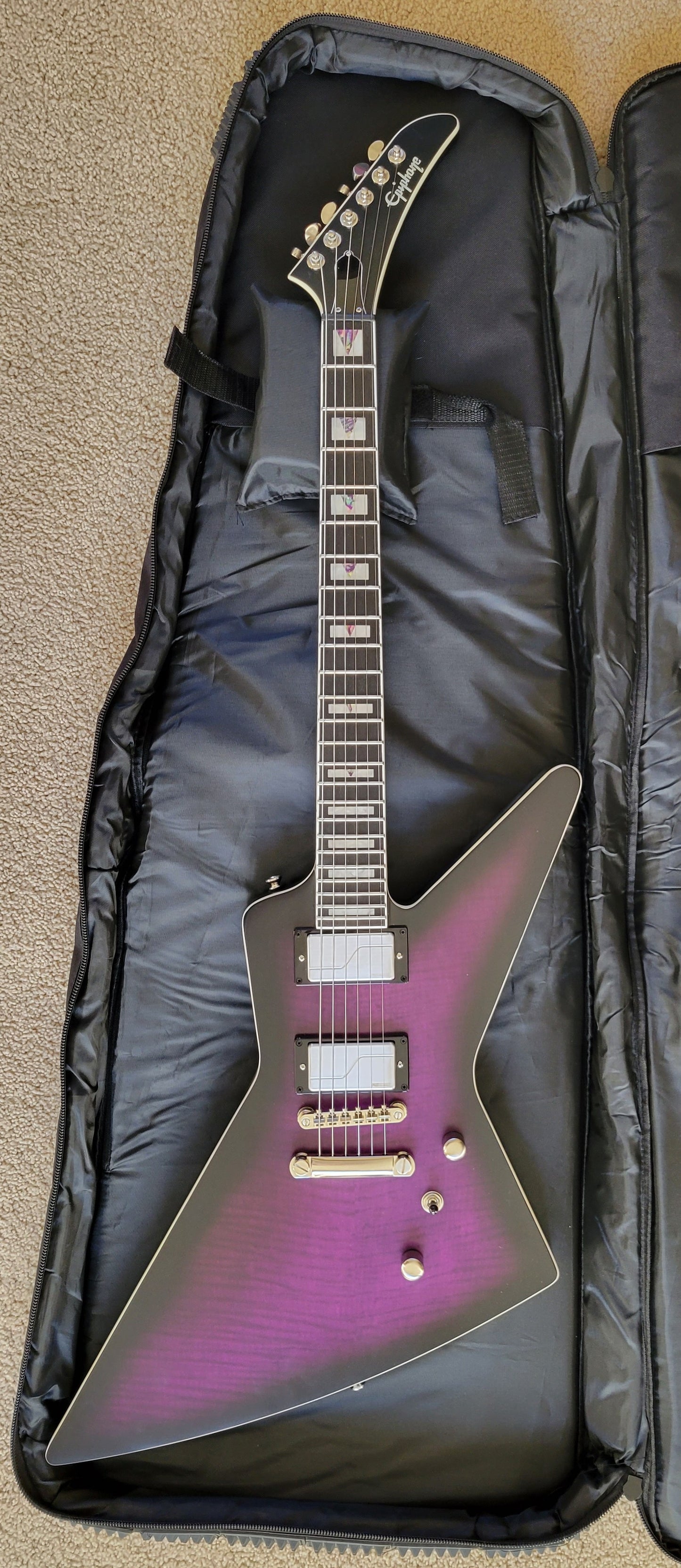 Epiphone Prophecy Extura Electric Guitar, Purple Tiger Aged Gloss, Padded Extreme Gig Bag