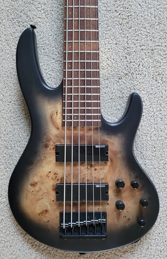 ESP LTD D-6 Electric Bass Guitar, 6 String, Black Natural Burst Satin, New Hardshell Case