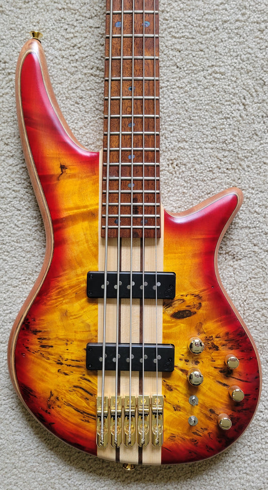 Jackson Pro Series Spectra SBP V Bass Guitar, Transparent Cherry Burst, New Hard Shell Case